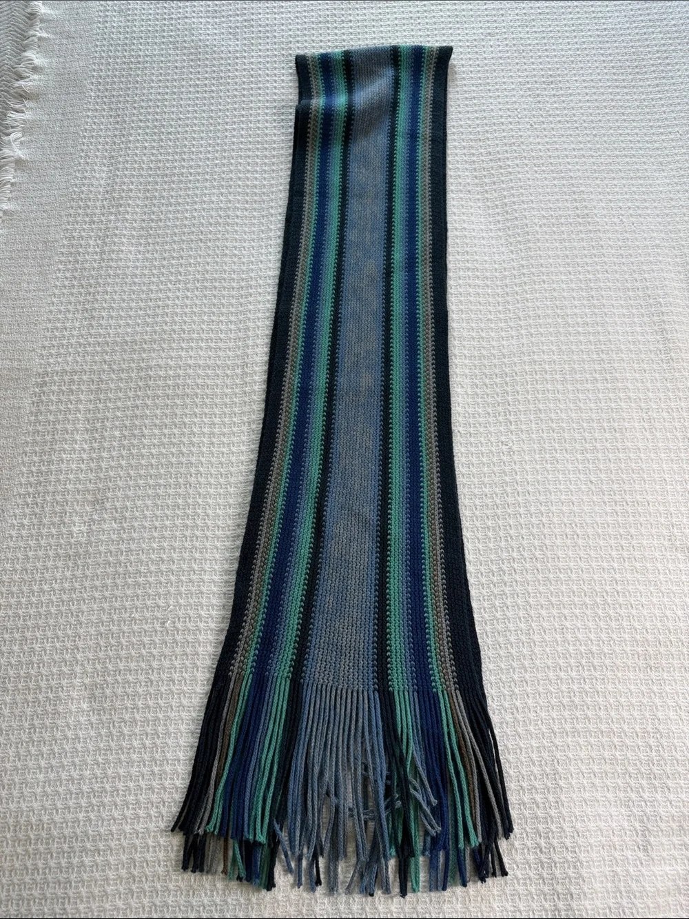 Blue and green striped knit scarf with fringe